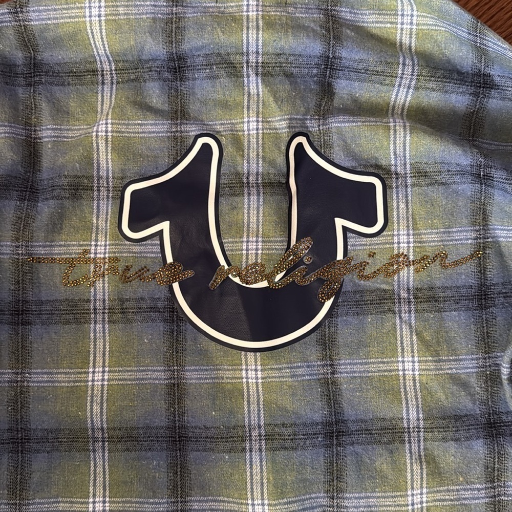TRUE RELIGION HS Brushed Flannel Womens Button Up Long Sleeve Iris Green Blue XS - Picture 4 of 9